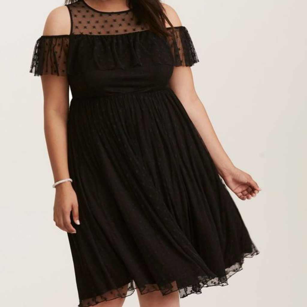 Star Mesh Ruffle Cold Shoulder Dress
